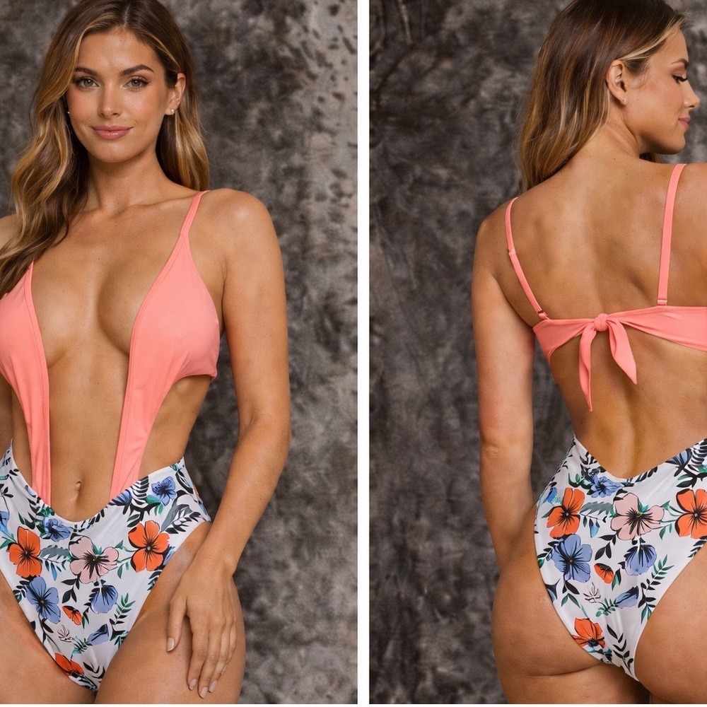Chyrii Popular Swimsuit One Piece Womens Small Coral Floral High Cut Tie Front